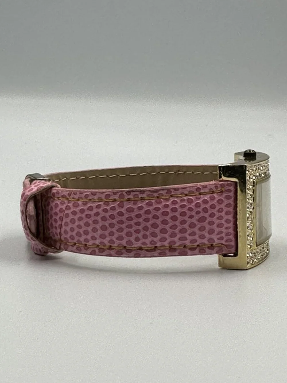3/$30 Strada Watch Women Gold Tone Pink Faux Band Crystal Bling Bezel 9”